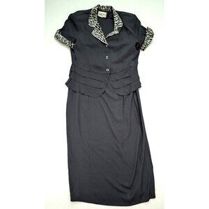 SL Fashions Vintage 90s Women's Dress Suit Size 16 Black Animal Print Trim Midi